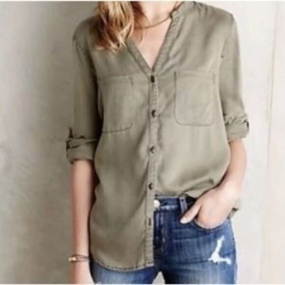 Anthropologie | holding horses olive green button down top | size medium - Picture 1 of 7